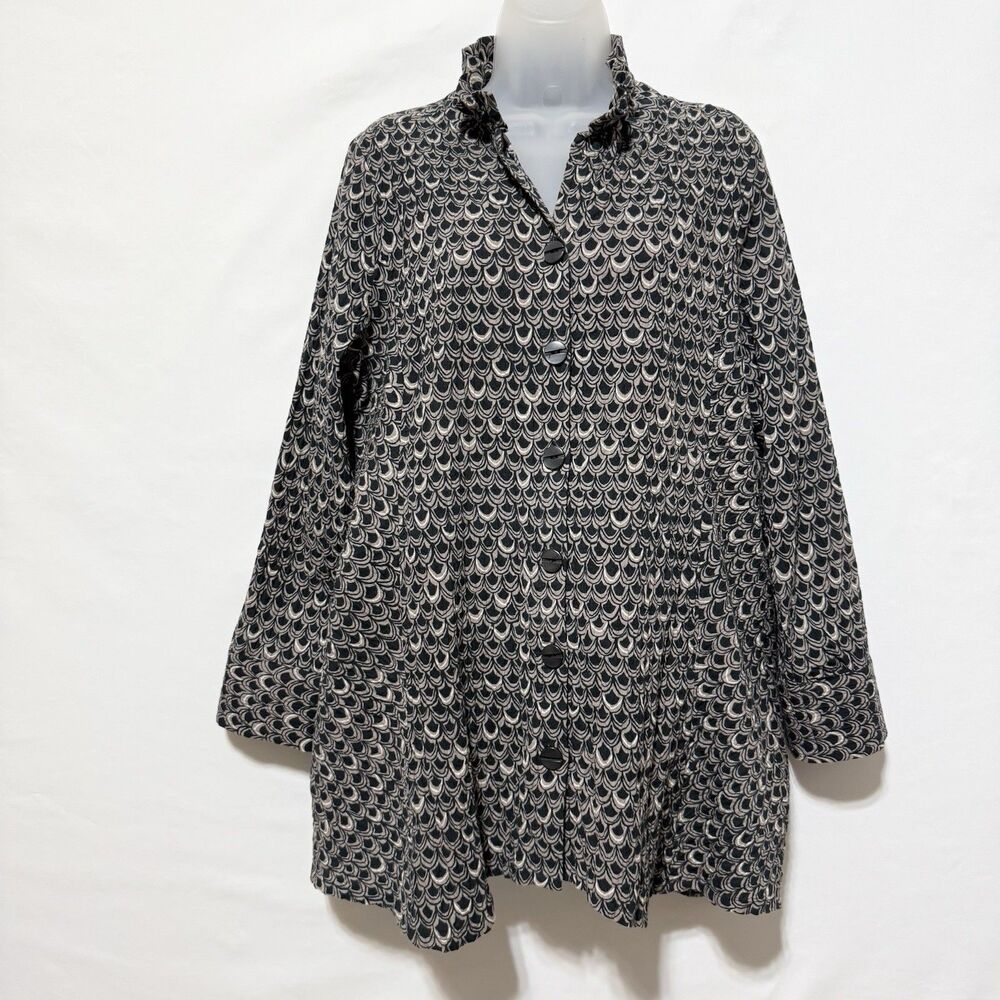 Habitat Womens Tunic Top M Black Beige Geometric Print Button Front 3/4 Sleeve